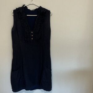 Sleeveless Ruffle V-Neck Shift Dress in Dark Navy